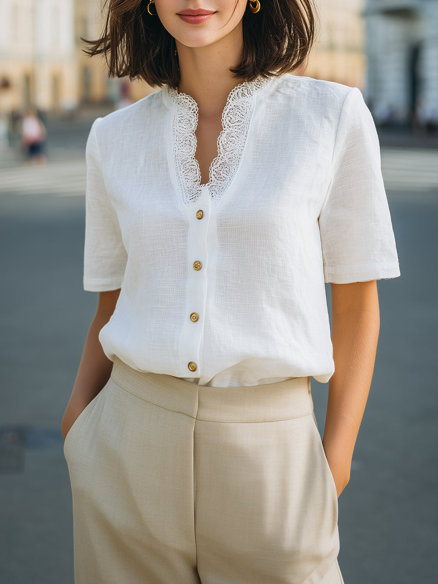 Lace-Trim V-Neck Button-Front Short Sleeve Blouse - White