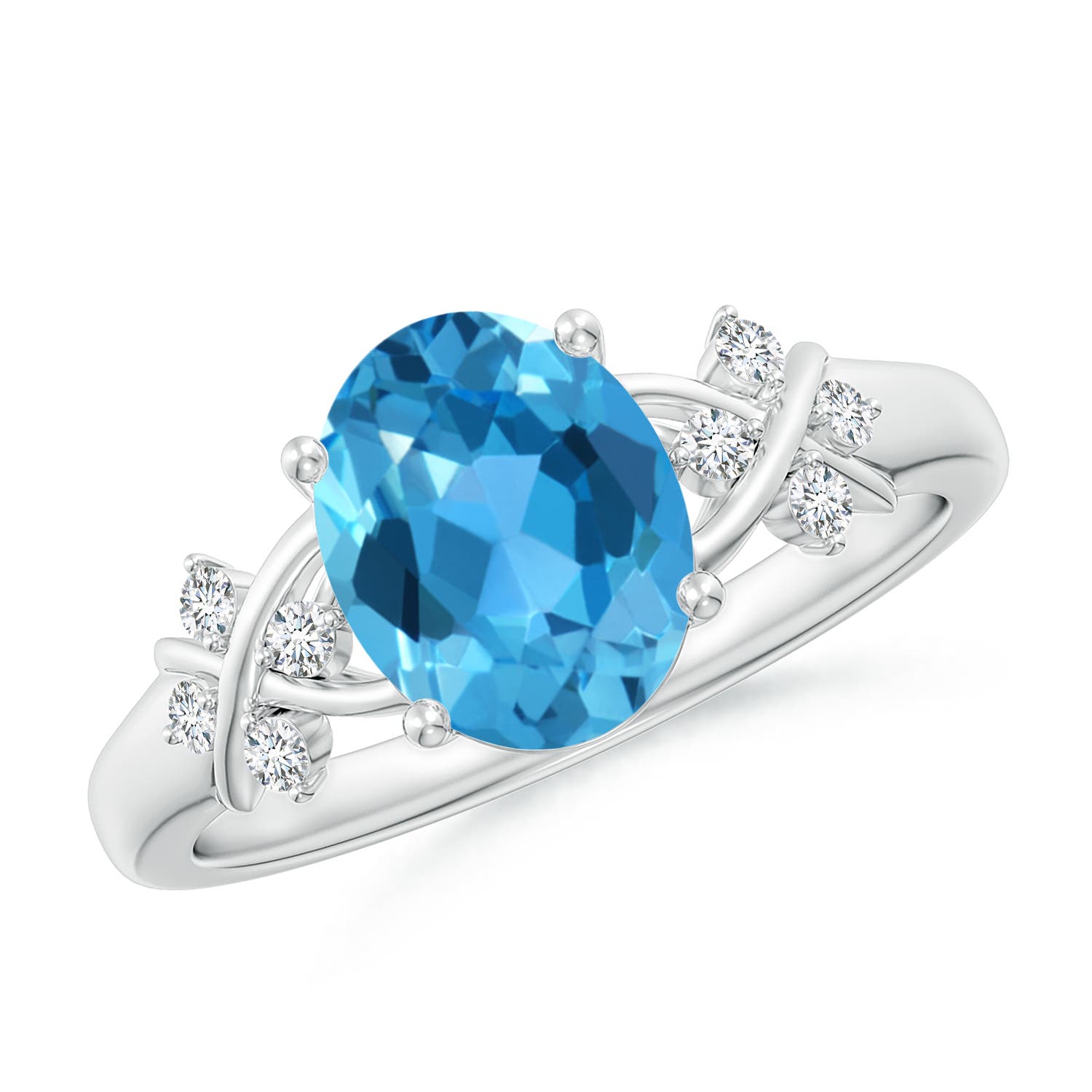 Angara 2.25 Carats Solitaire Oval Swiss Blue Topaz Criss Cross Ring with Diamonds in Platinum