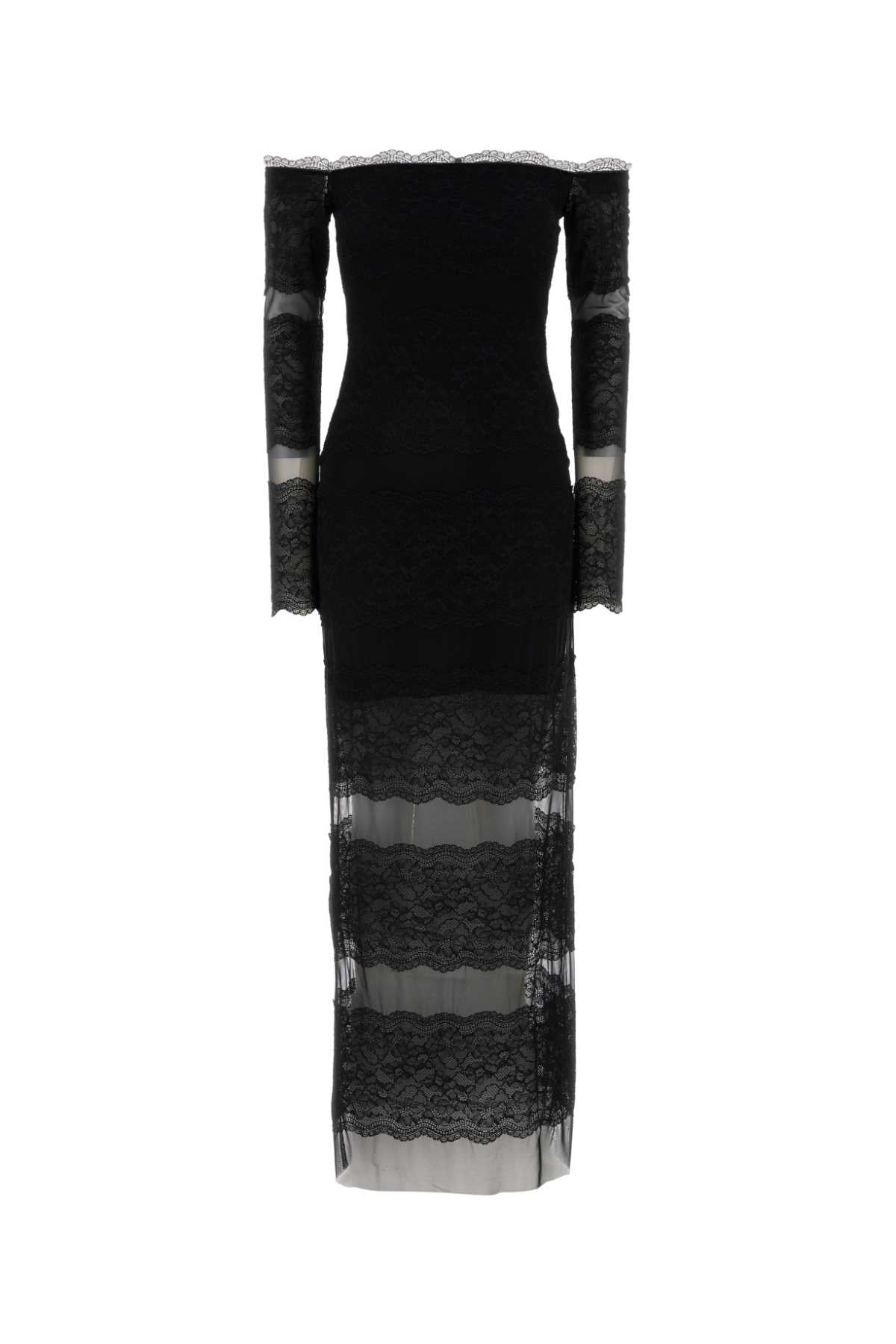 Lace and Mesh Insert Dress — Black