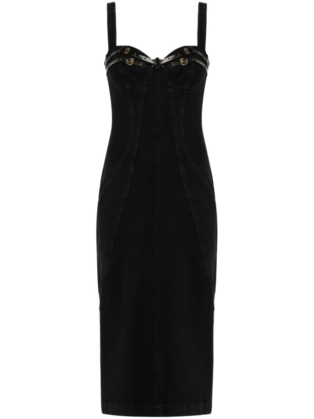 Bucked-belts denim midi dress - Black