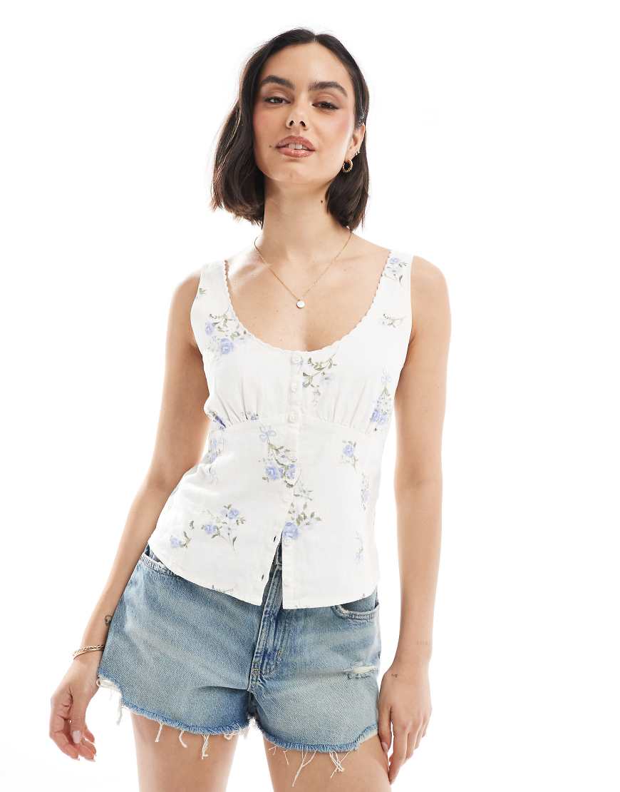 Hollister low neckline linen button up tank top in blue floral