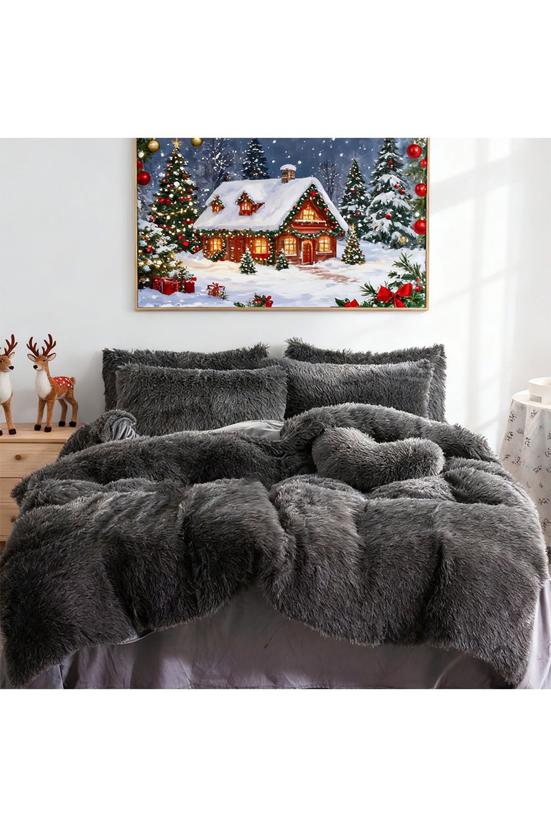 Living and Home Unisex 3Pcs Soft Skin-friendly Faux Mink Fleece Duvet Set in Dark Grey | : Single