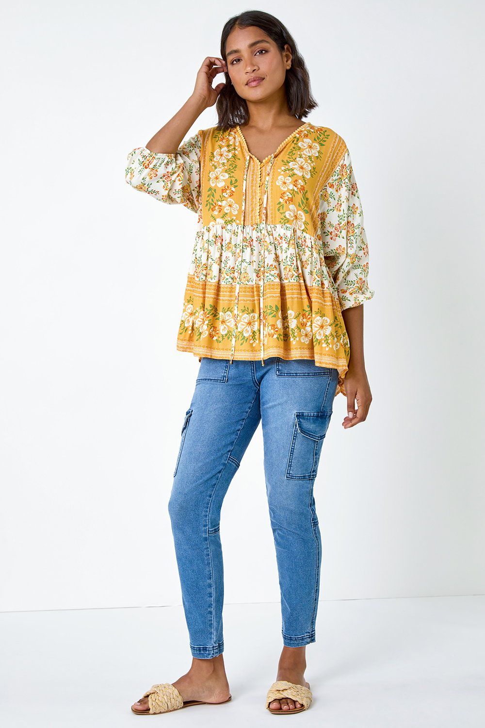 Roman Women's Floral Border Print V-Neck Overshirt in Yellow
