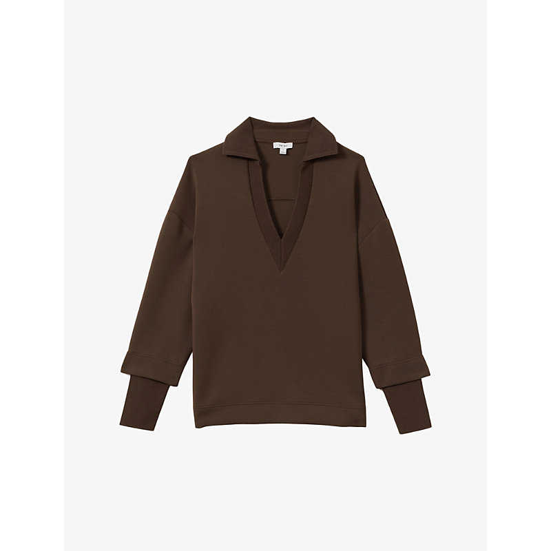 Womens Chocolate Bernie Open-collar Relaxed-fit Stretch-woven Jumper