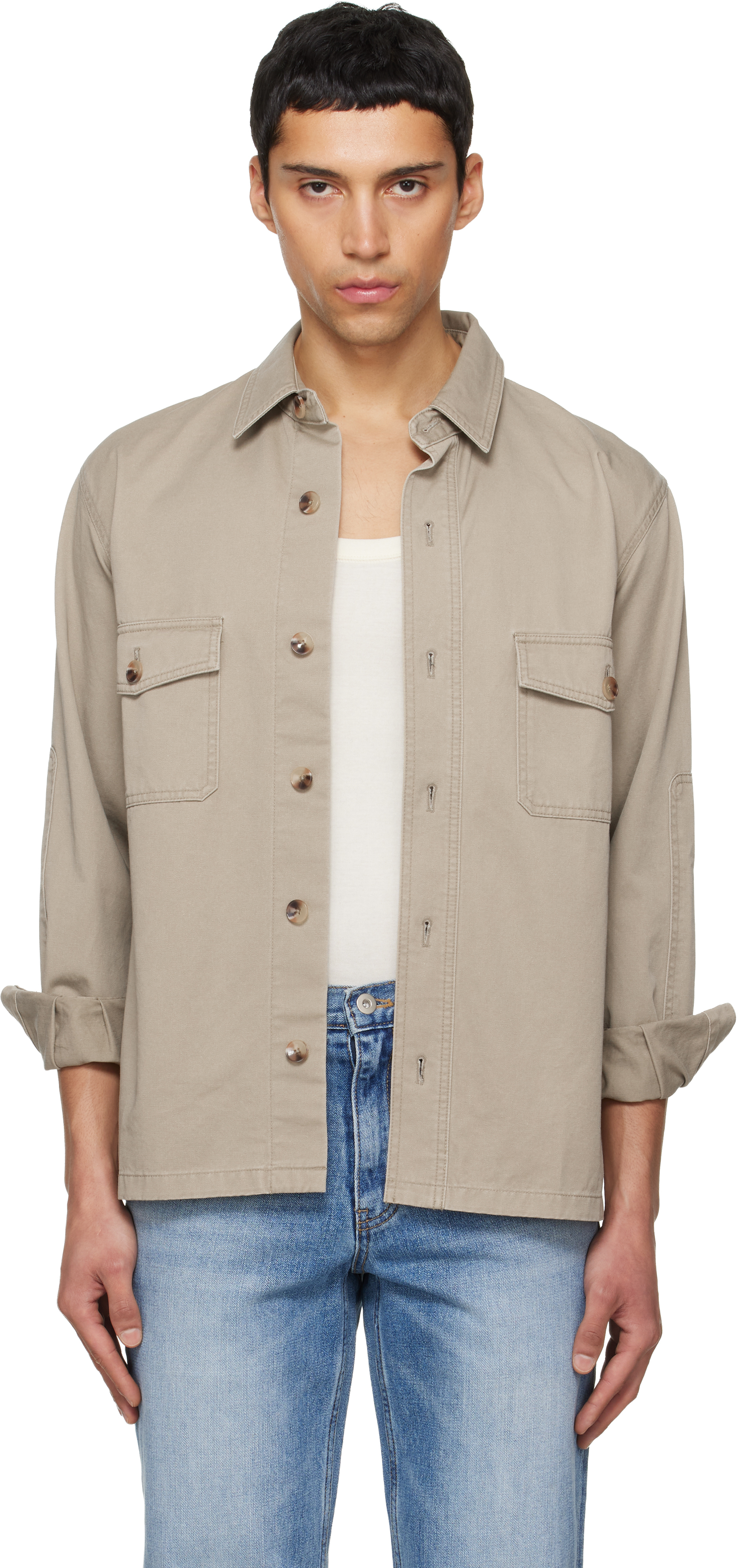 Beige Washed Cotton Twill Overshirt