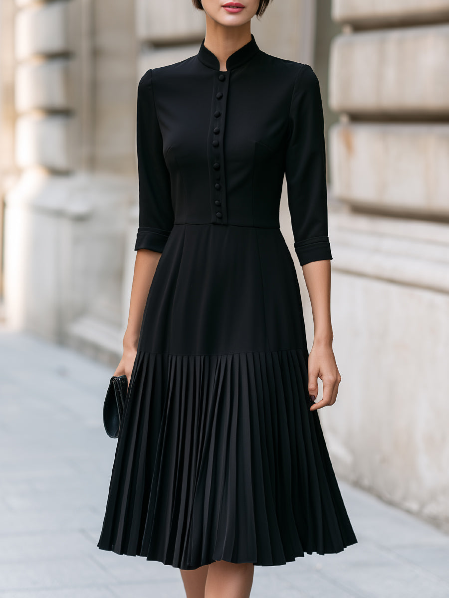 Mandarin Collar Decorative Buttons Pleated Midi Dress - Black