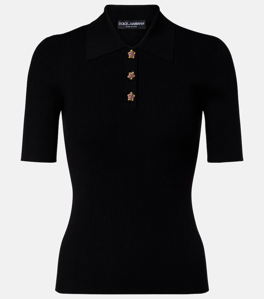 Embellished ribbed-knit polo shirt