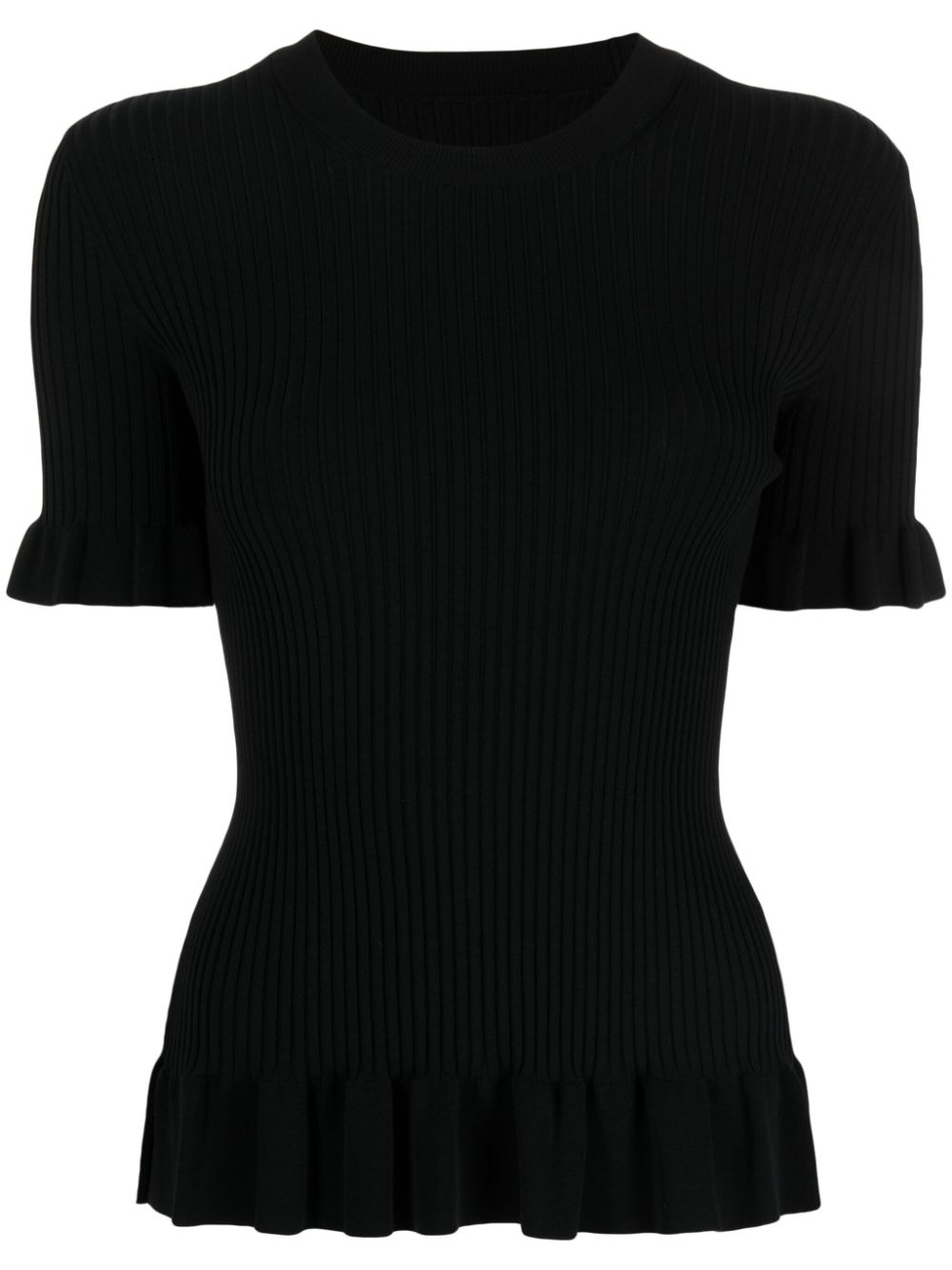 Ruffle-trim ribbed knitted top - Black
