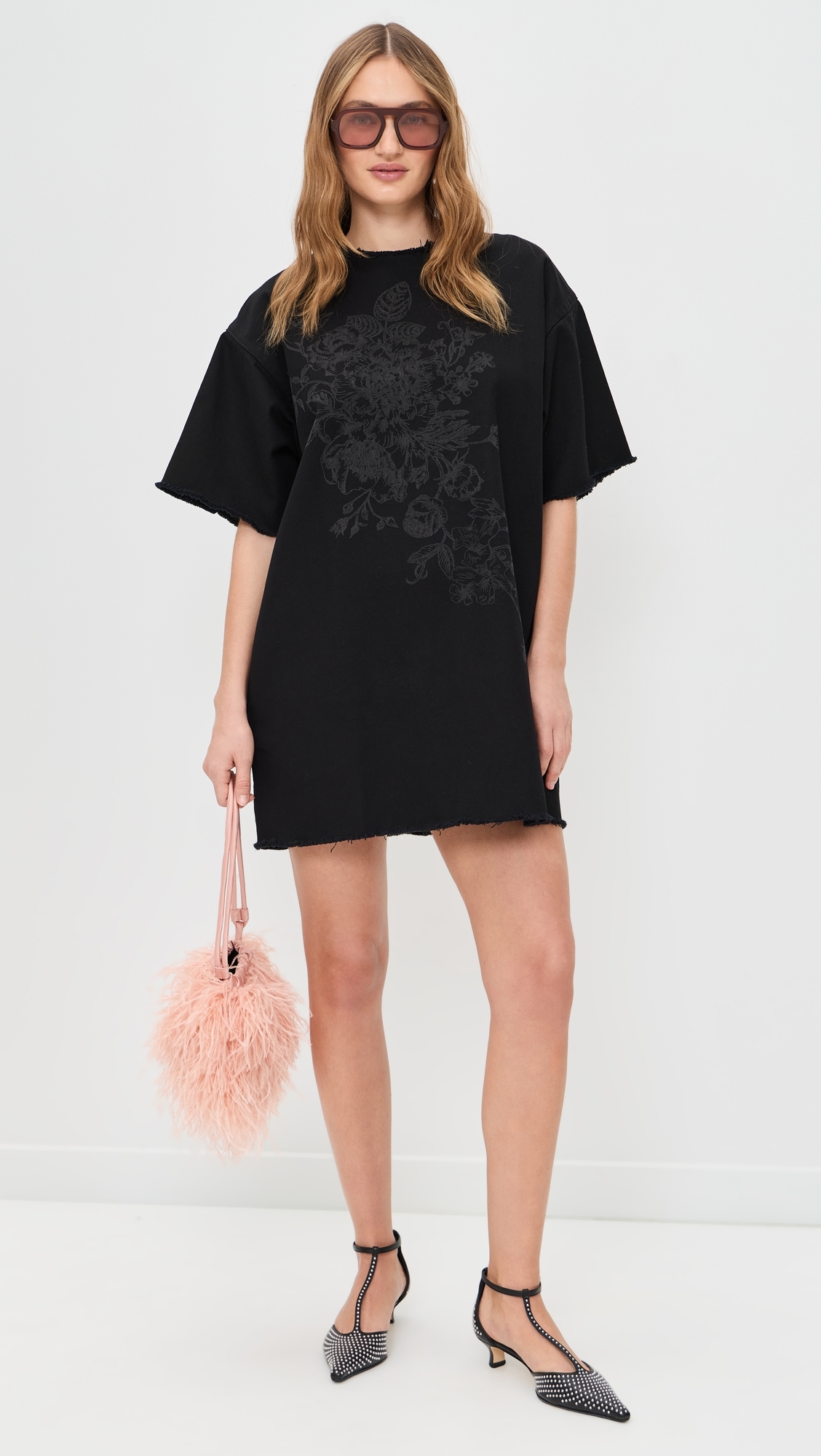 Flower Motif Drill T-Shirt Dress Black