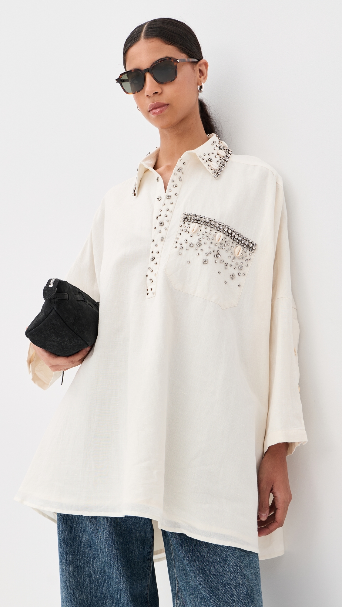 Cowrie Shell Jeweled Boyfriend Shirt White One Size
