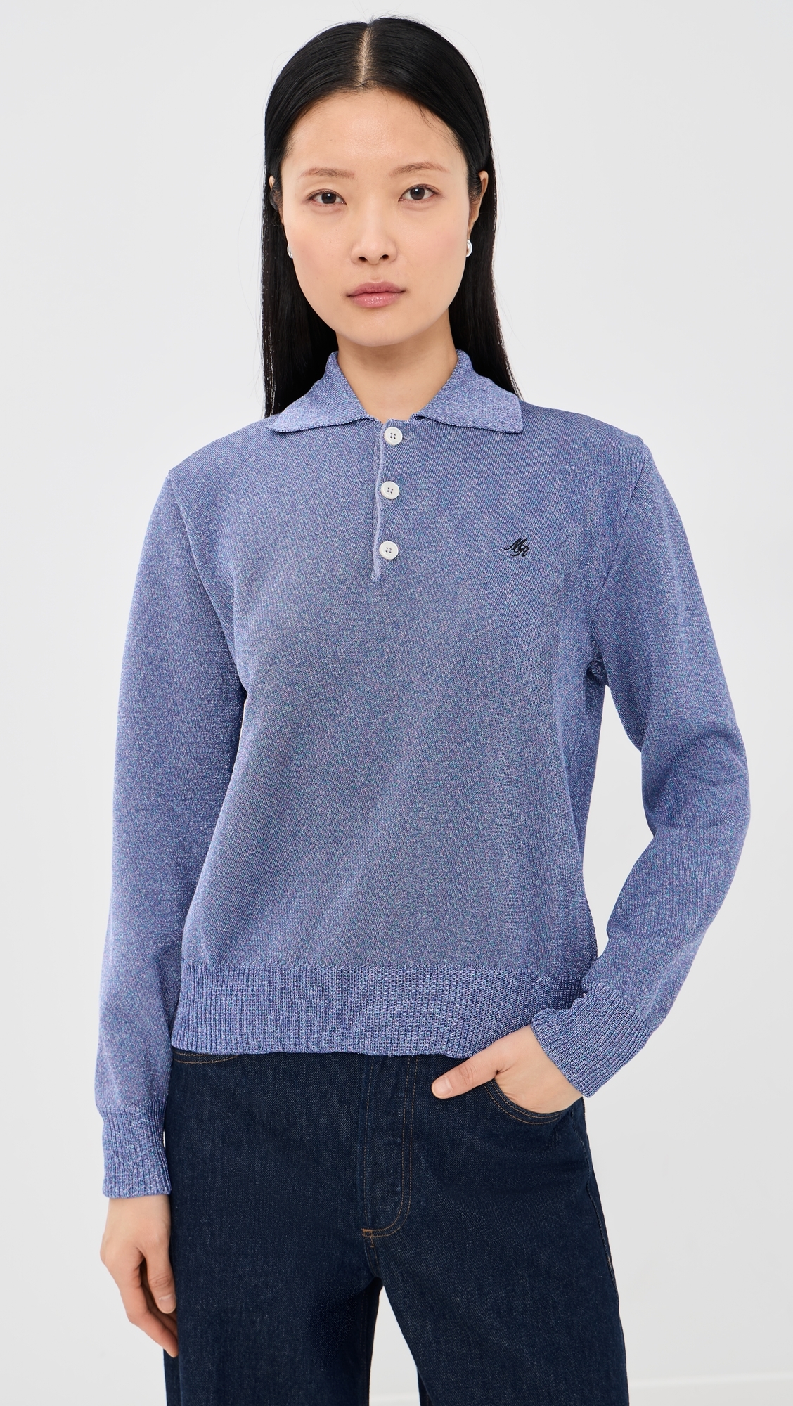 Merino Wool Backed Lurex Polo Sweater Purple