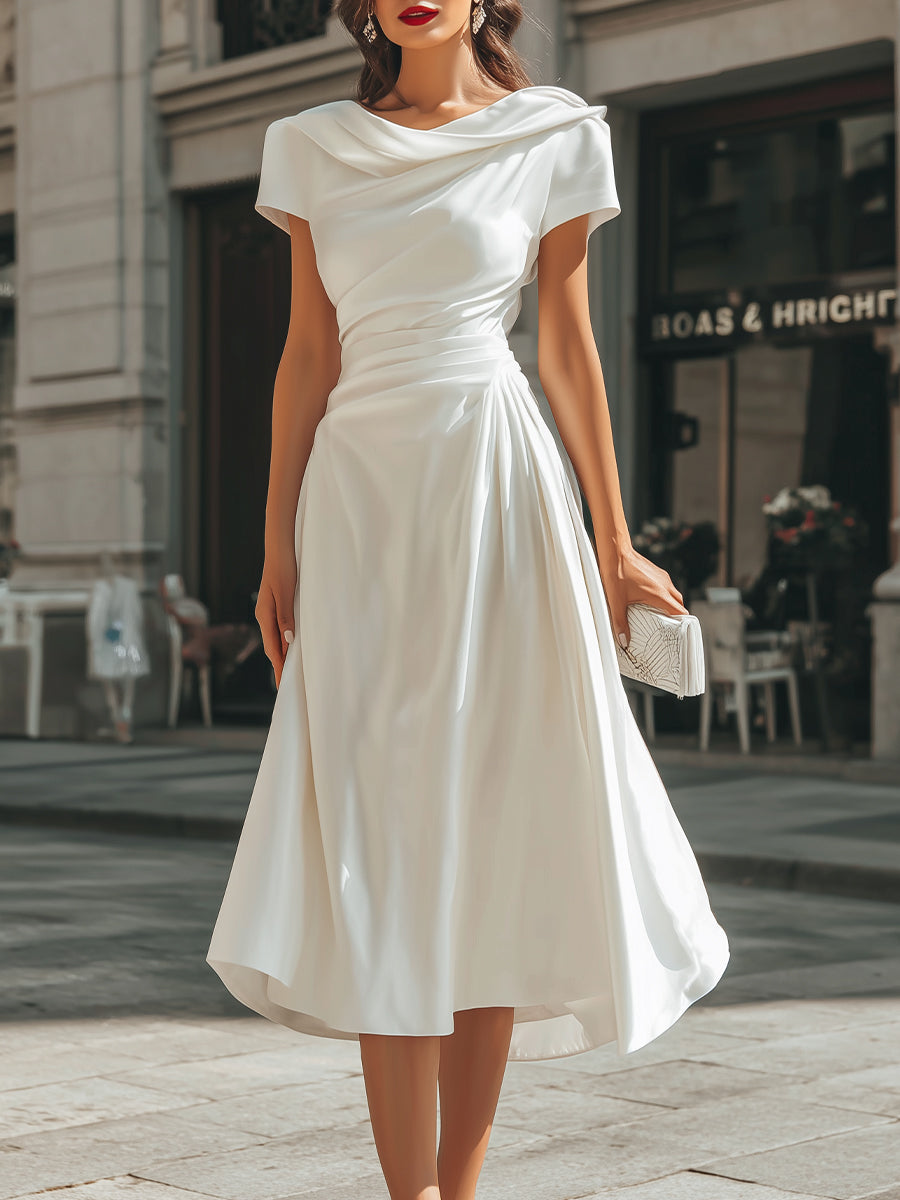 Draped Asymmetric Midi Dress - White