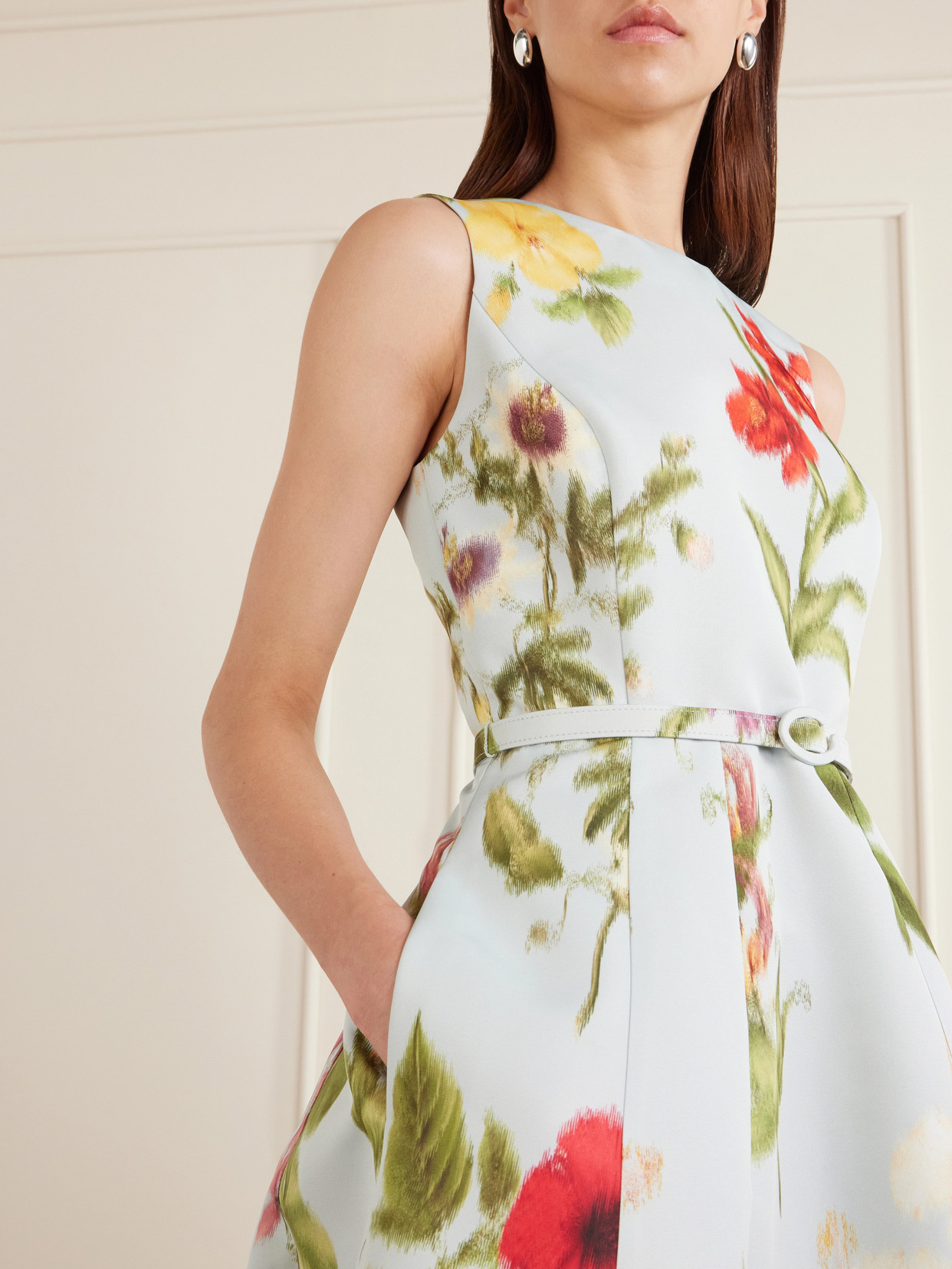 Belted Floral-print Faille Midi Dress - Blue