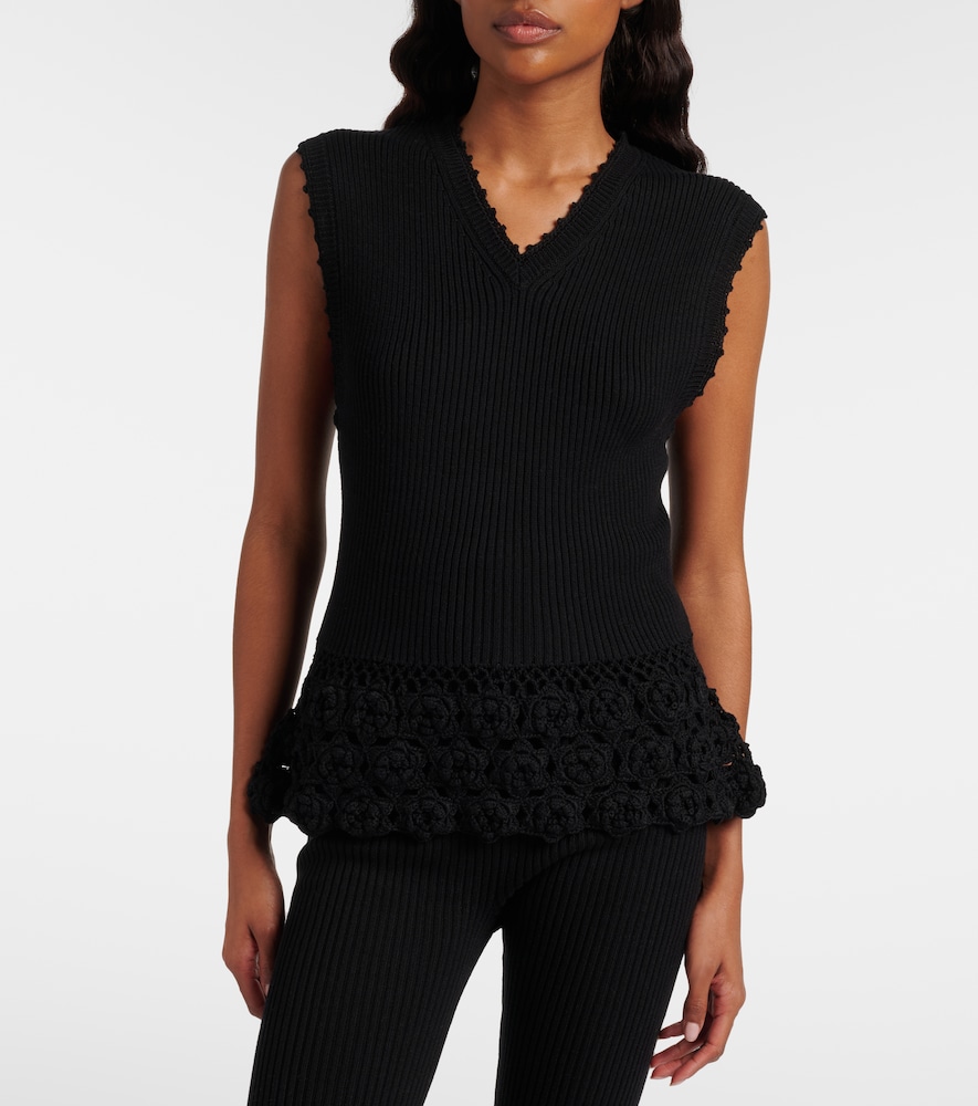 Crochet-trimmed ribbed cotton-blend top