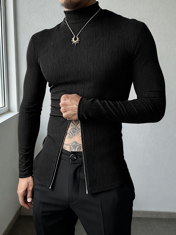 Men's Textured Half Zip High Neck Long Sleeve T Shirt SKUL37307 - Black / S