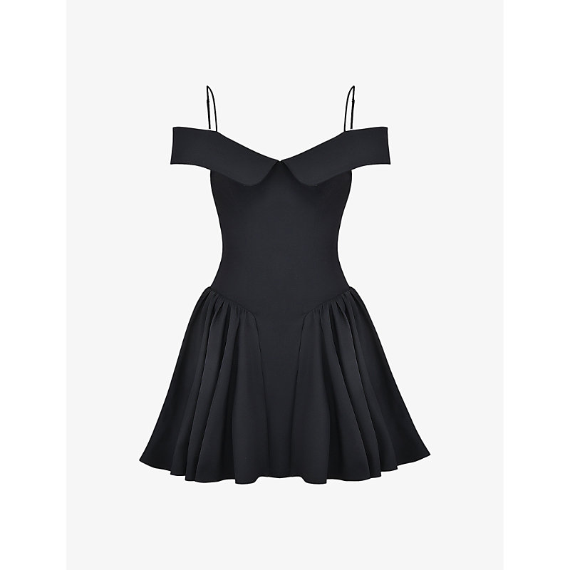 Womens Black Elida Off-the-shoulder Woven Mini Dress