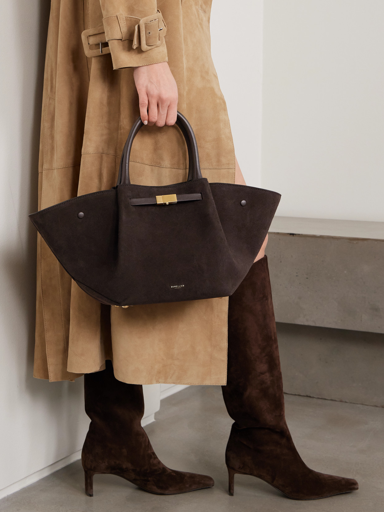 Midi New York Leather-trimmed Suede Tote - Chocolate