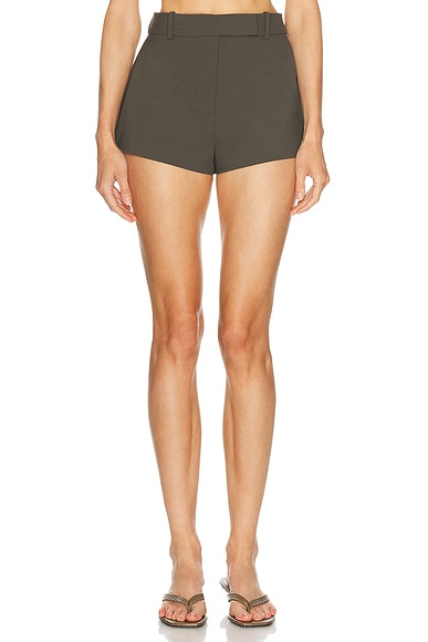 EAVES Tailored Naftali Mini Short in Olive. L. Also in M, S, XL