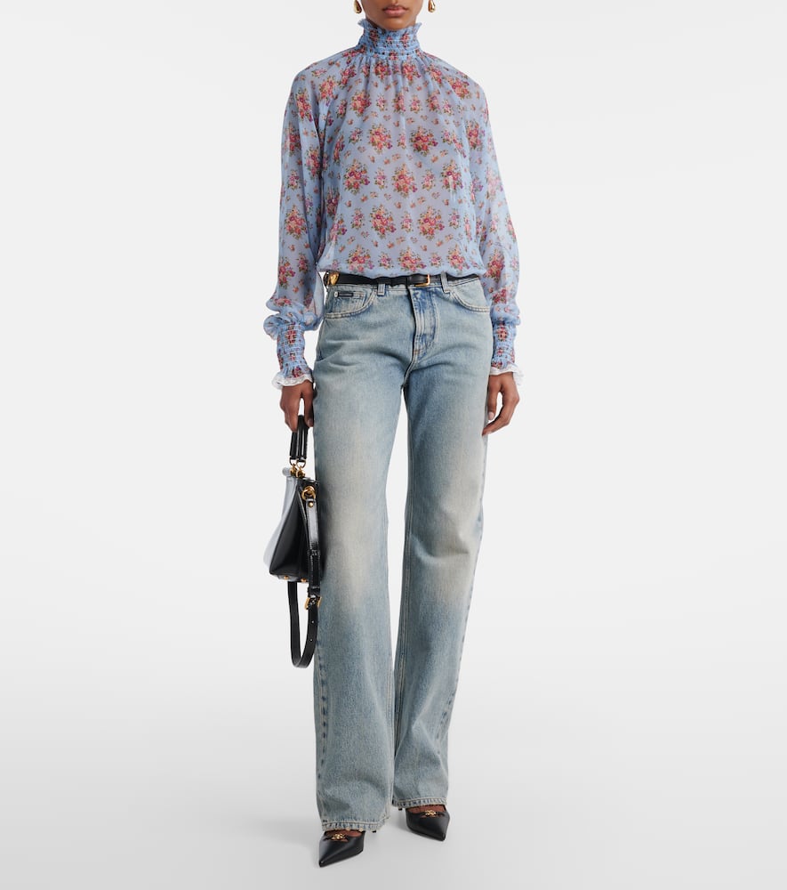 Leather-trimmed straight jeans