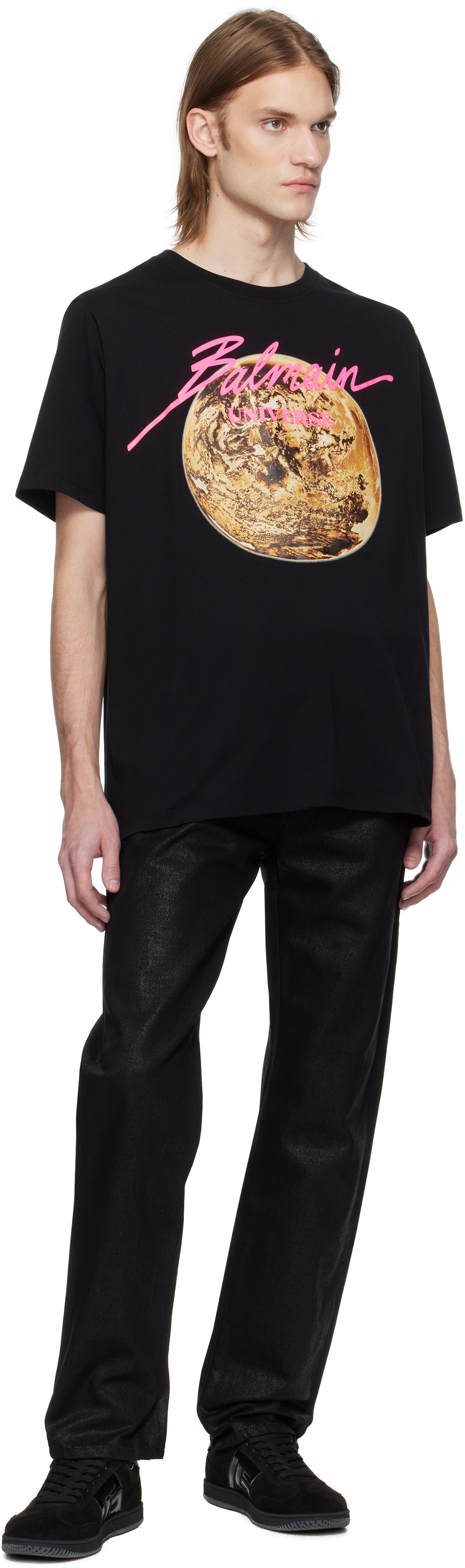 Balmain Black Printed 'Balmain Universe' Logo & Planet T-shirt