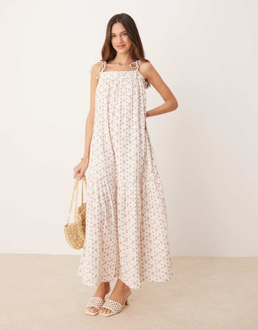 Tie shoulder boho smock maxi dress in ditsy pink floral print-White