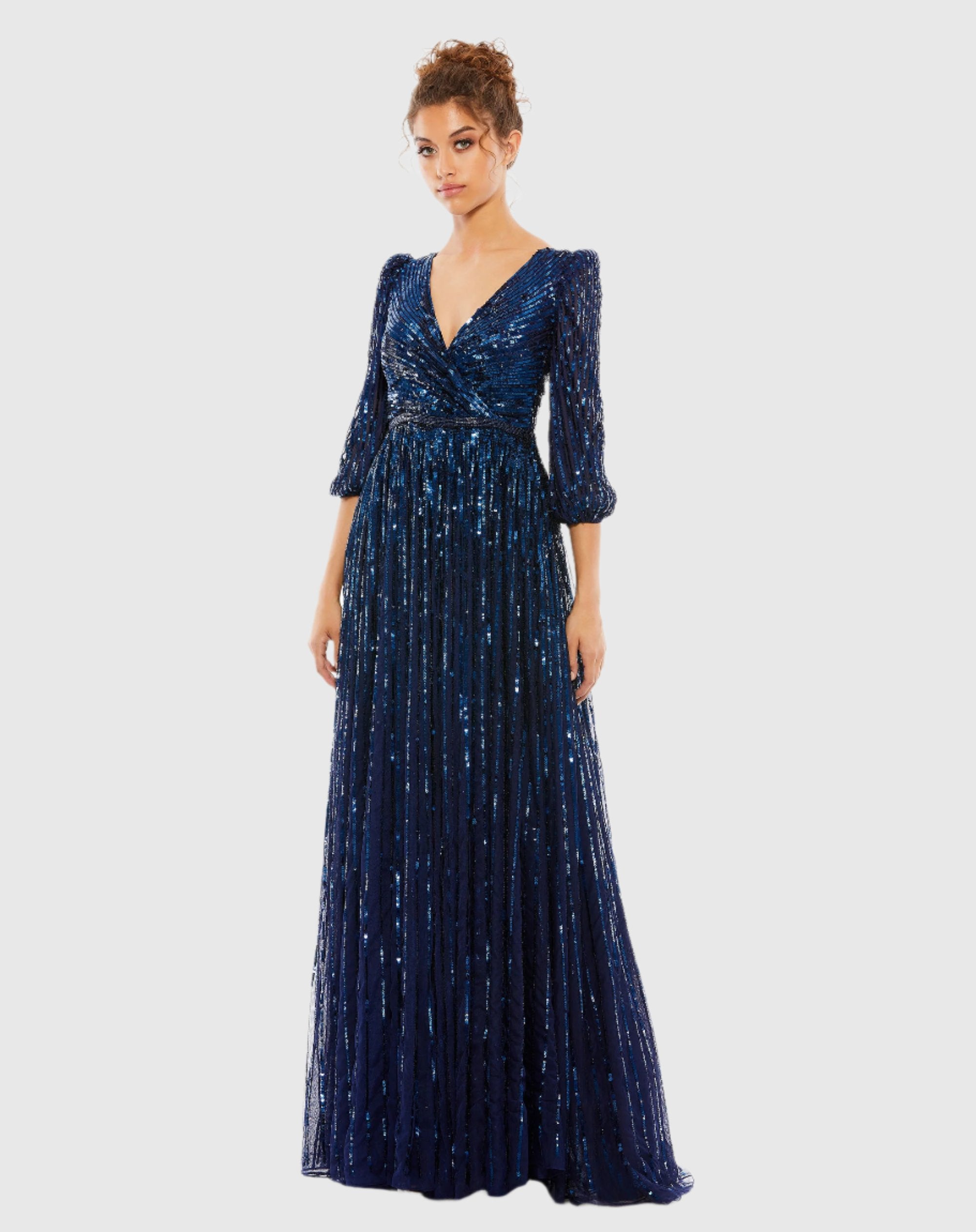 Sequined Wrap Over 3/4 Sleeve Maxi Gown In Black