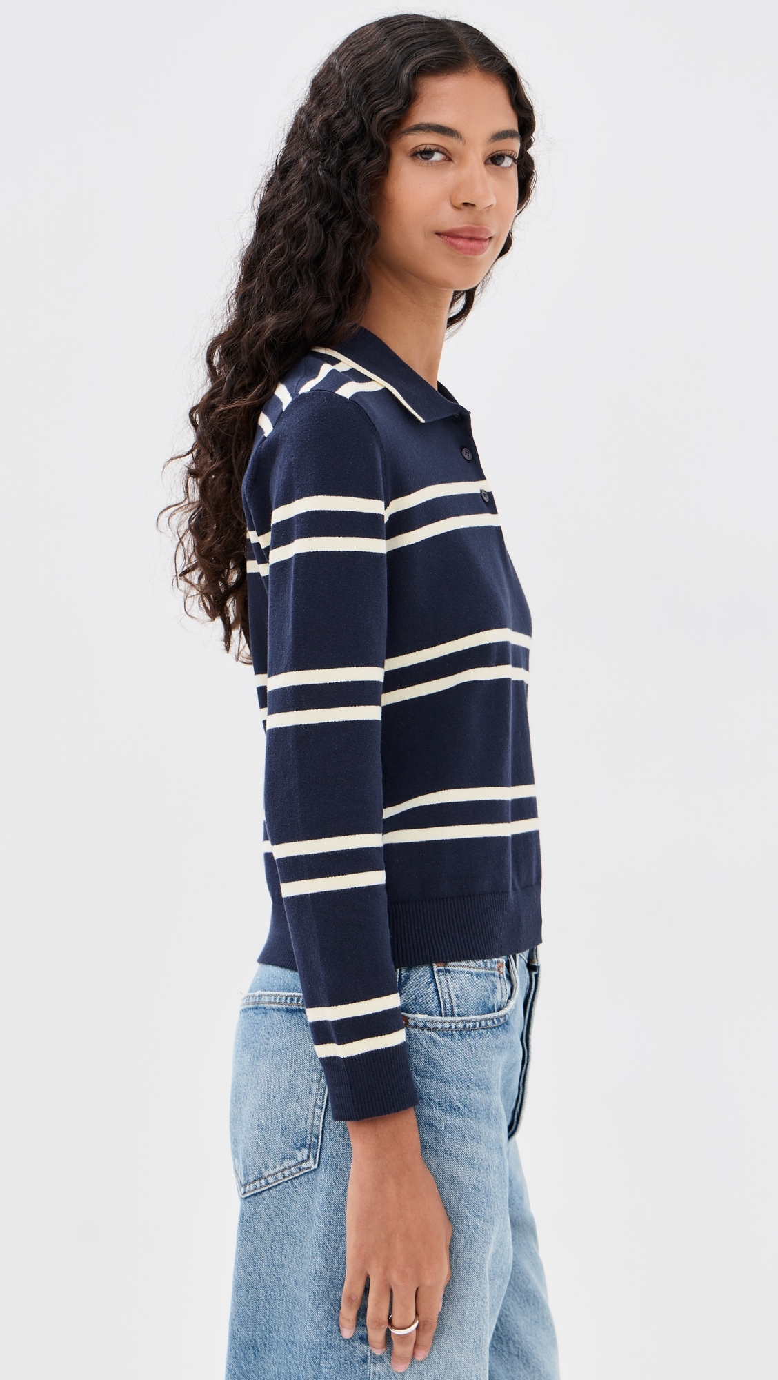 Long Sleeve Striped Polo Green/White