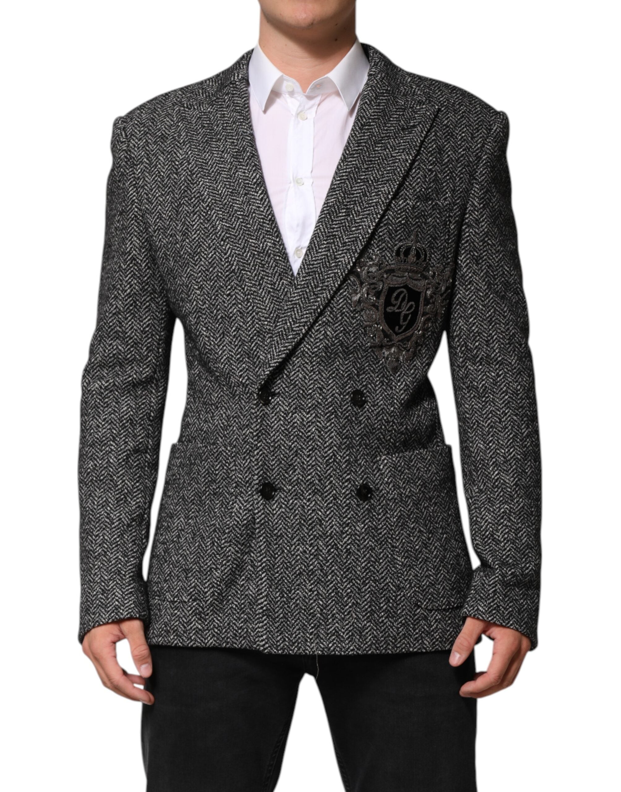 Herringbone Wool-Cotton Double-Breasted Blazer — Black