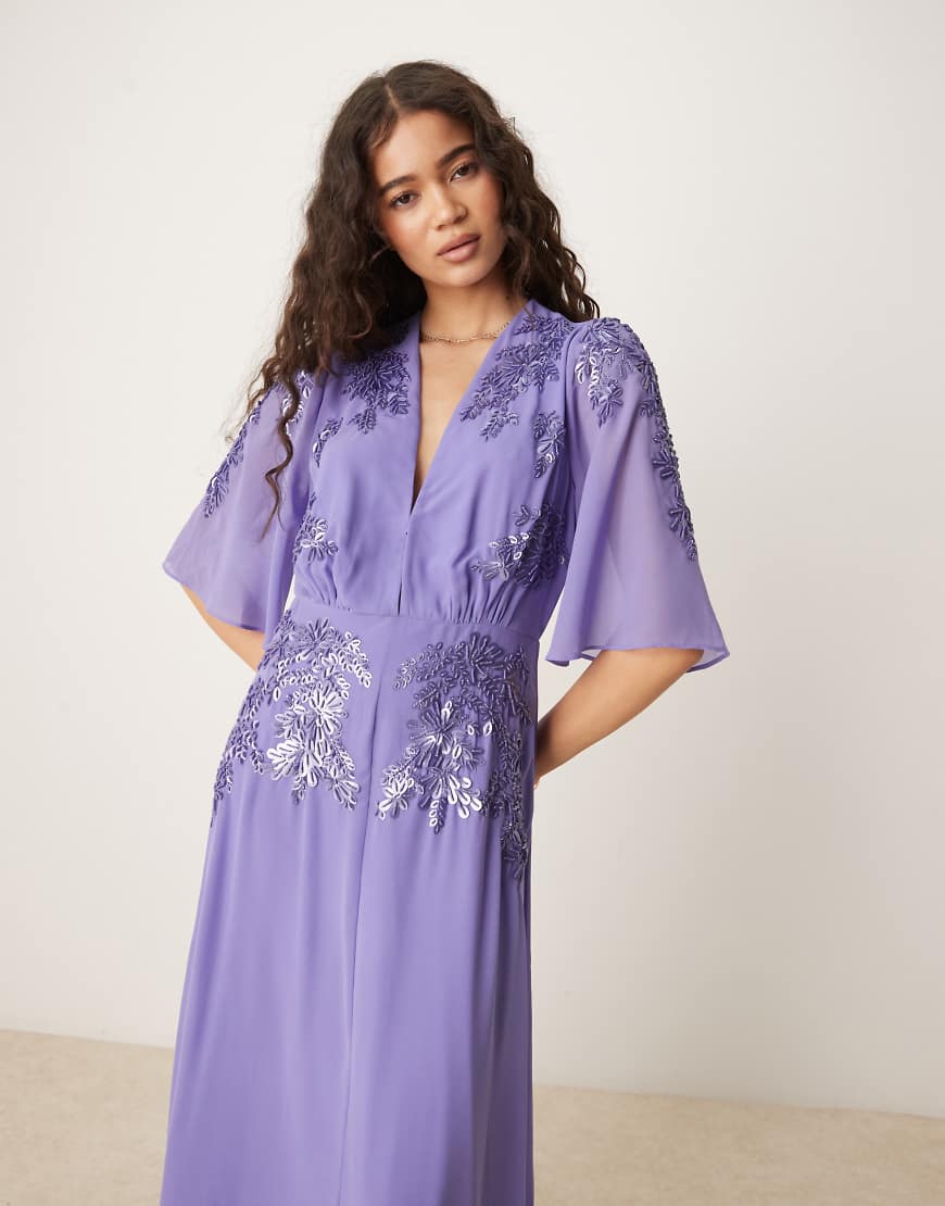 Hartley Plunge Front Embellished Maxi Dress with Flutter Sleeves in Purple