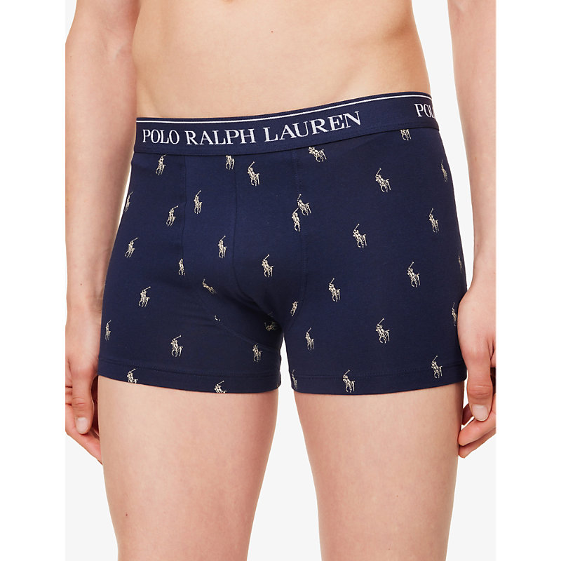 Mens Nvy/stn Grey/rng Blue Branded-waistband Mid-rise Pack of Three Stretch-cotton Trunks 