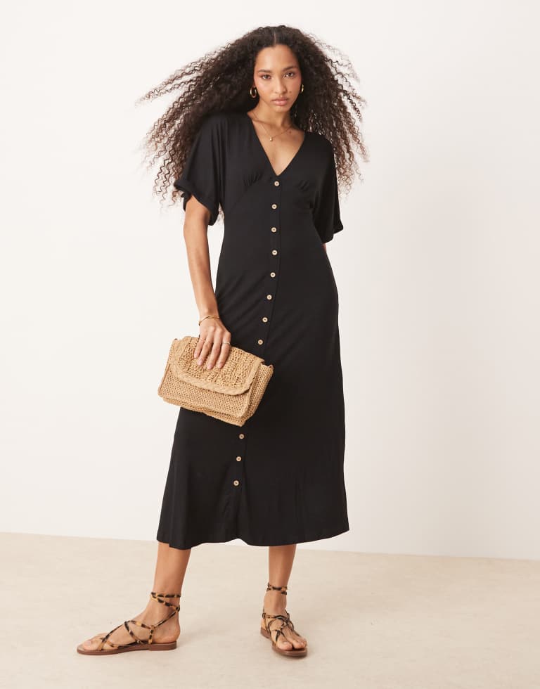 ASOS DESIGN Womens roll sleeve button front midi tea dress in black