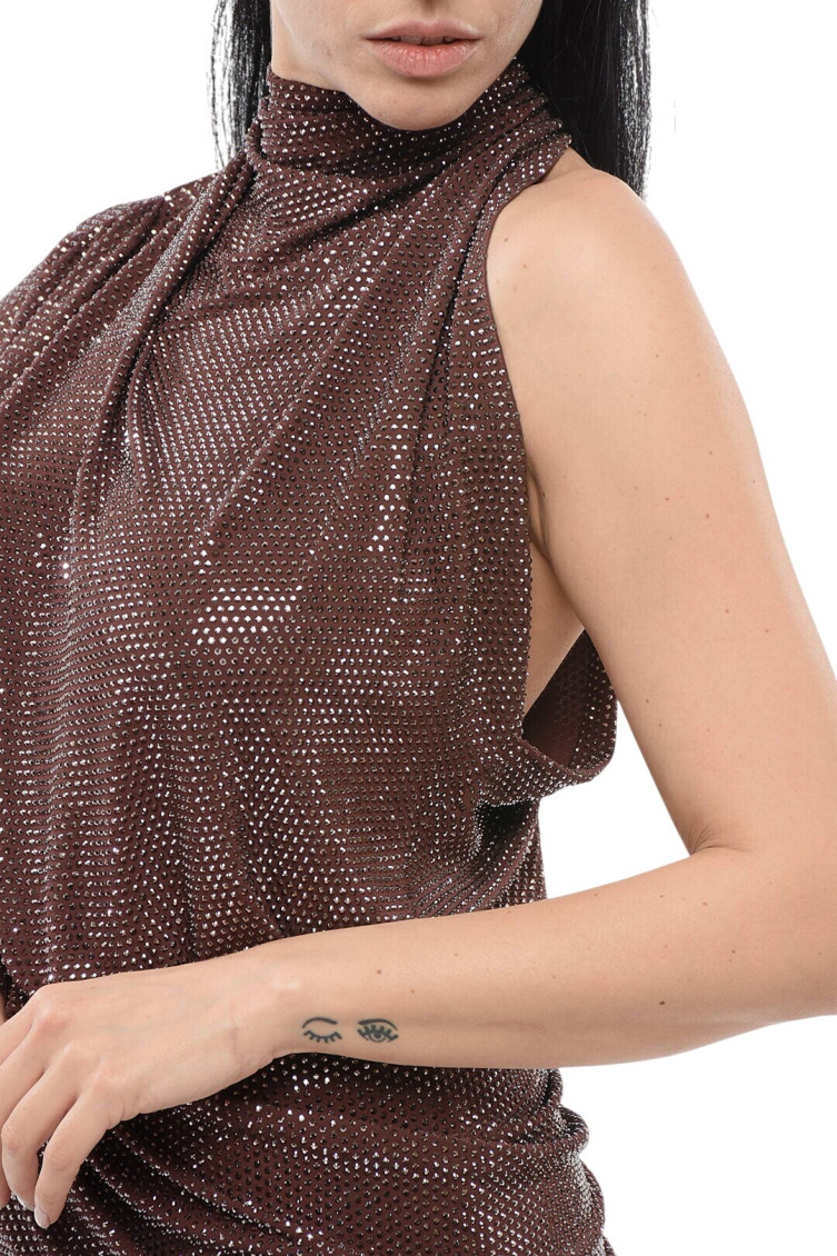 Brown Embellished One Shoulder Mini Dress