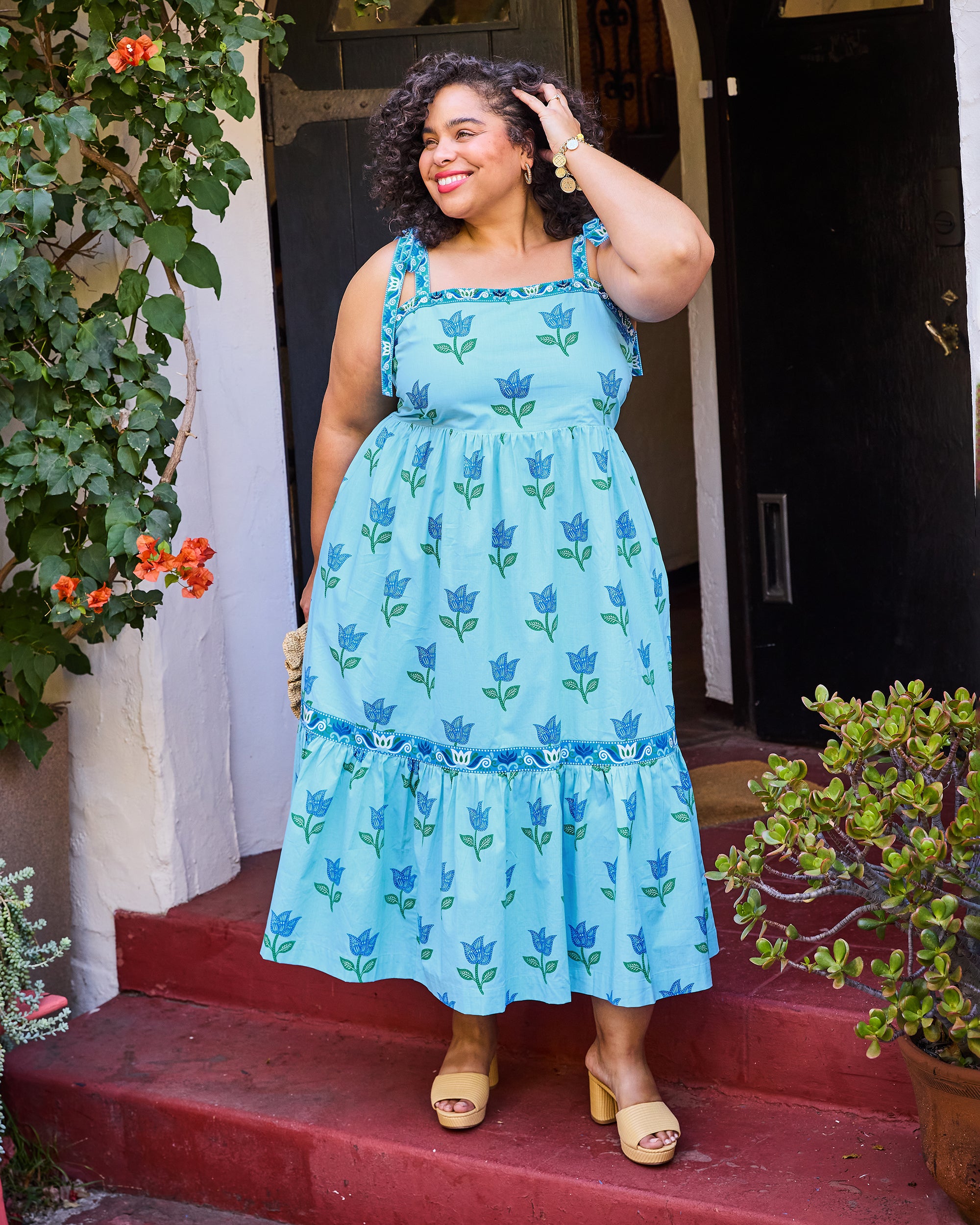 Organic Cotton Tie-Strap Midi Dress in Tulip Bloom | Women's S | Blue