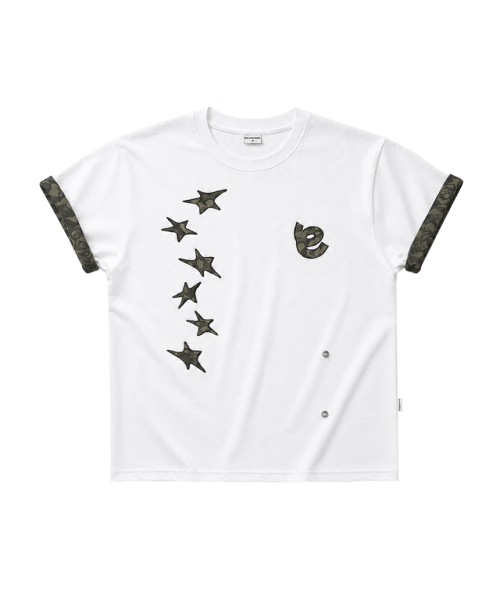 Star Camo Applique Point Roll-Up Short Sleeve T-Shirt White