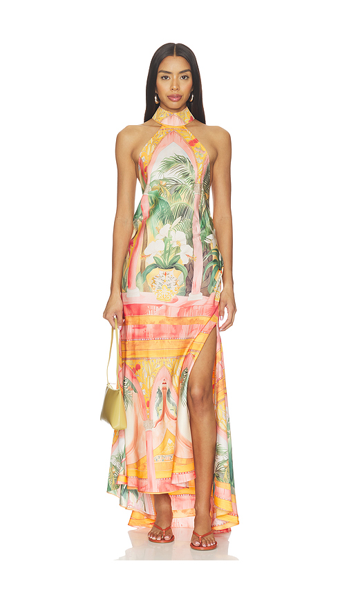 Falguni Shane Peacock Sunset Haven Open Back Low Halter Dress in Pink,Orange. - XS also in S, M