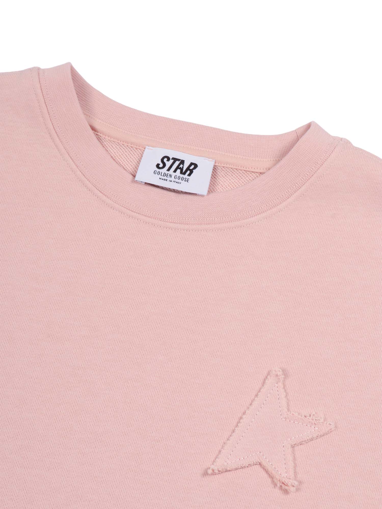 Golden Goose Star Girl's Crewneck Crop Sweatshirt Raw Cut Hem Blend Cotton Fleece With Patch And Embroidery
