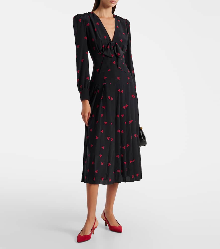Bow-detail printed silk midi dress
