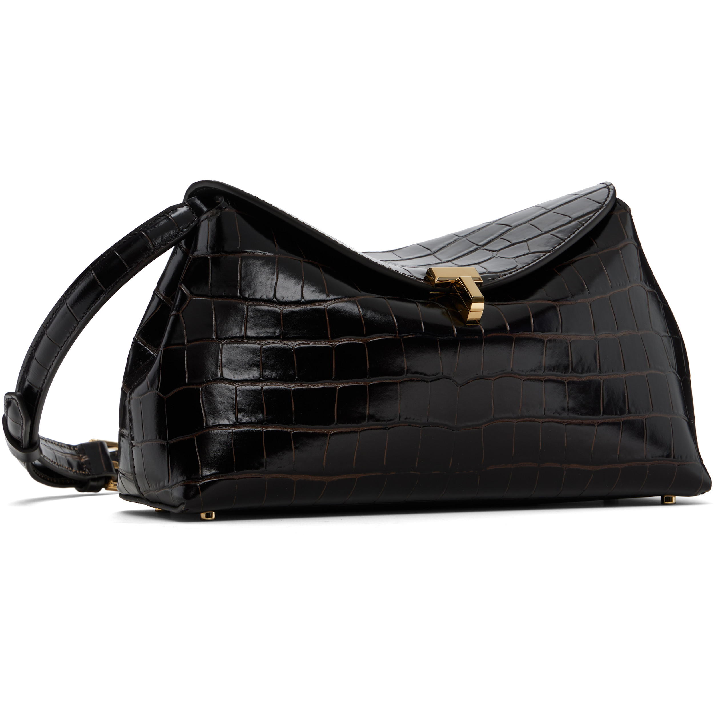 Brown T-Lock Croco-Embossed Clutch