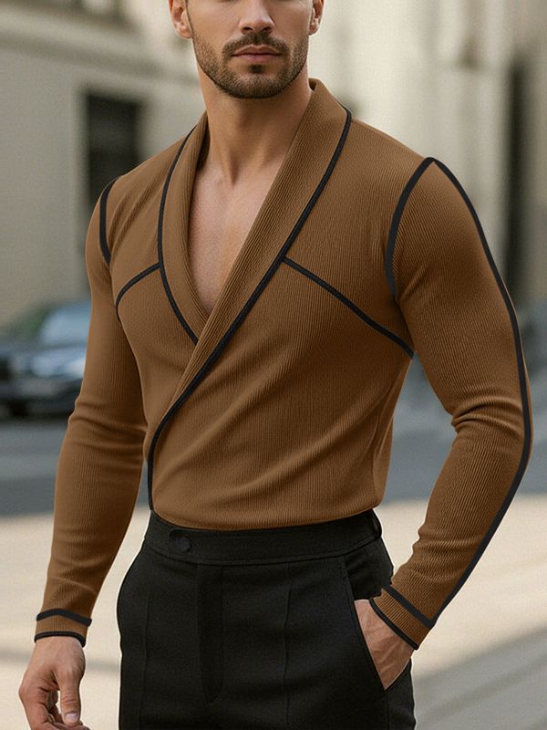 Men's Knit Color Block Trim Lapel Long Sleeve T-Shirt SKUL45325 - Brown / S