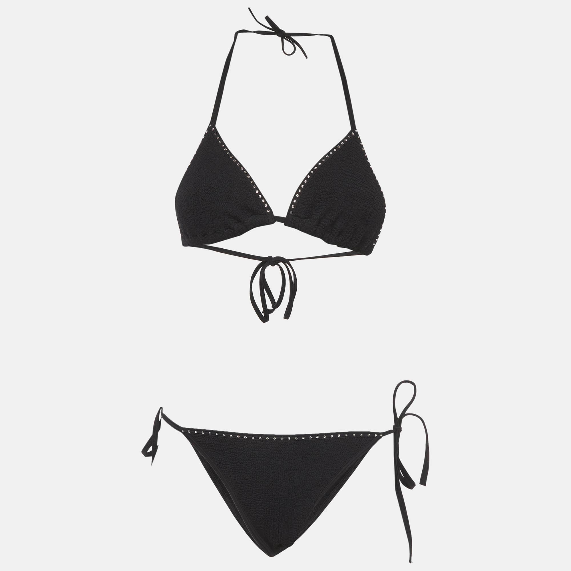 Hunza G Black Crinkle Jersey G Gina Swarovski 2 Pc Bikini