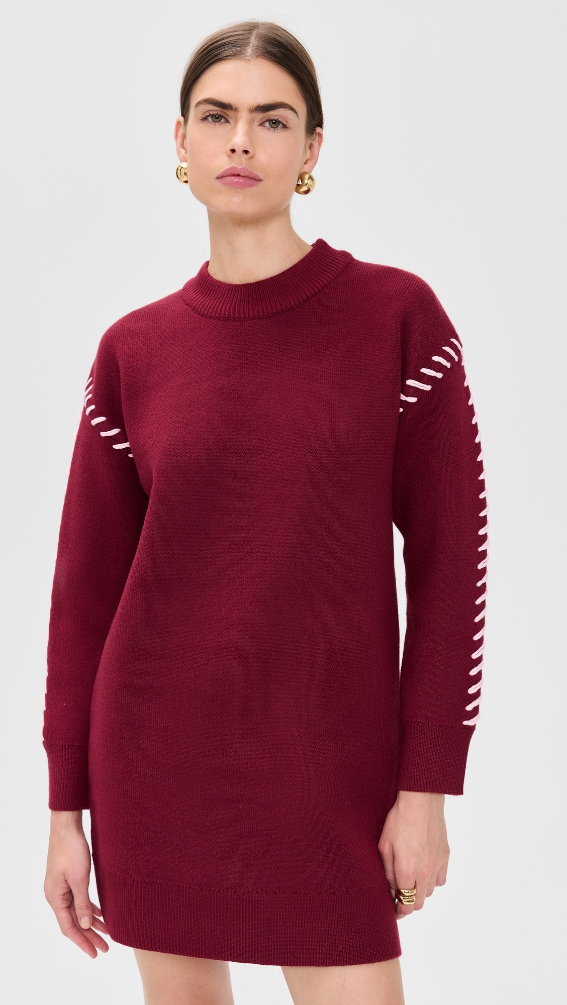 Whip Stitched Knit Mini Dress Burgundy/Pink