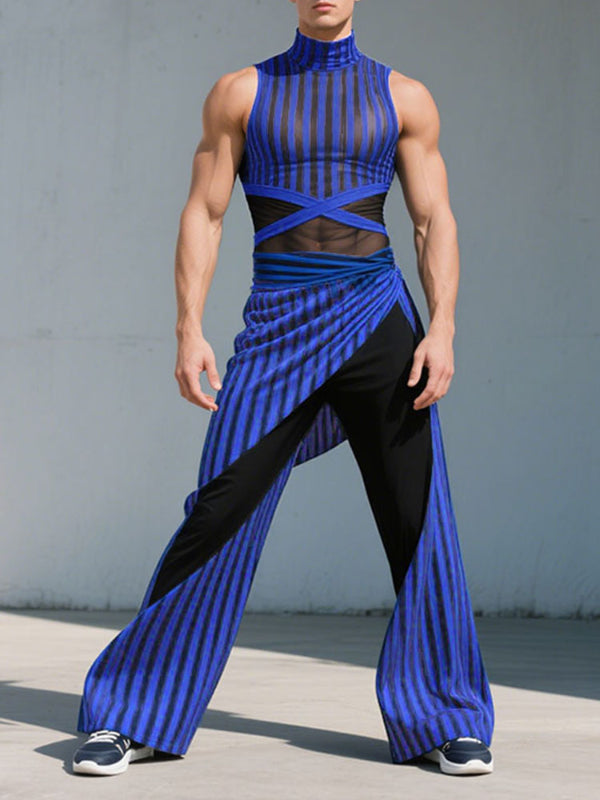 Men's Striped Colorblock Sheer Mesh Two Pieces Outfit SKUL23516 - Blue / S