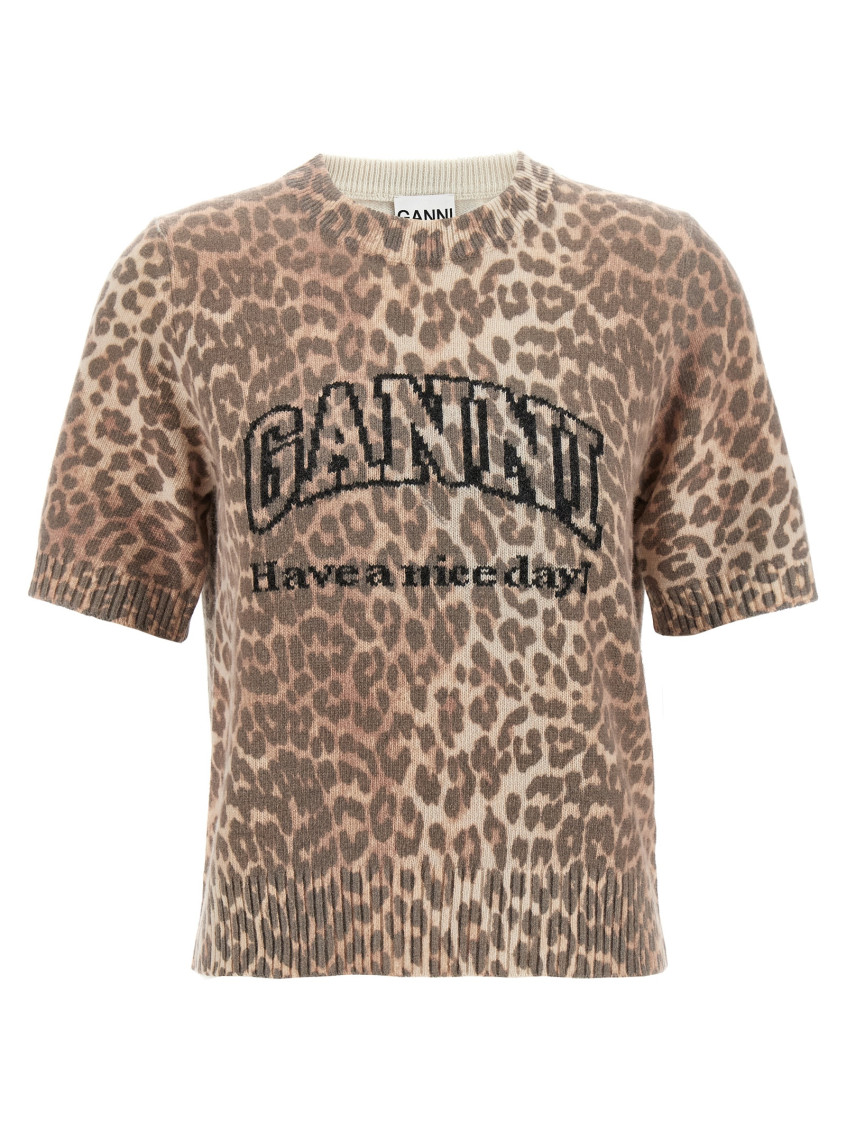 Ganni - Graphic Wool Mix Printed Leopard T-Shirt Animalier
