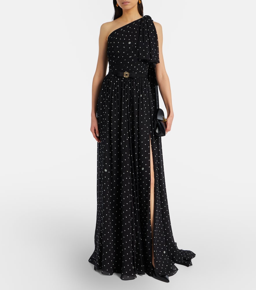 Polka-dot one-shoulder gown