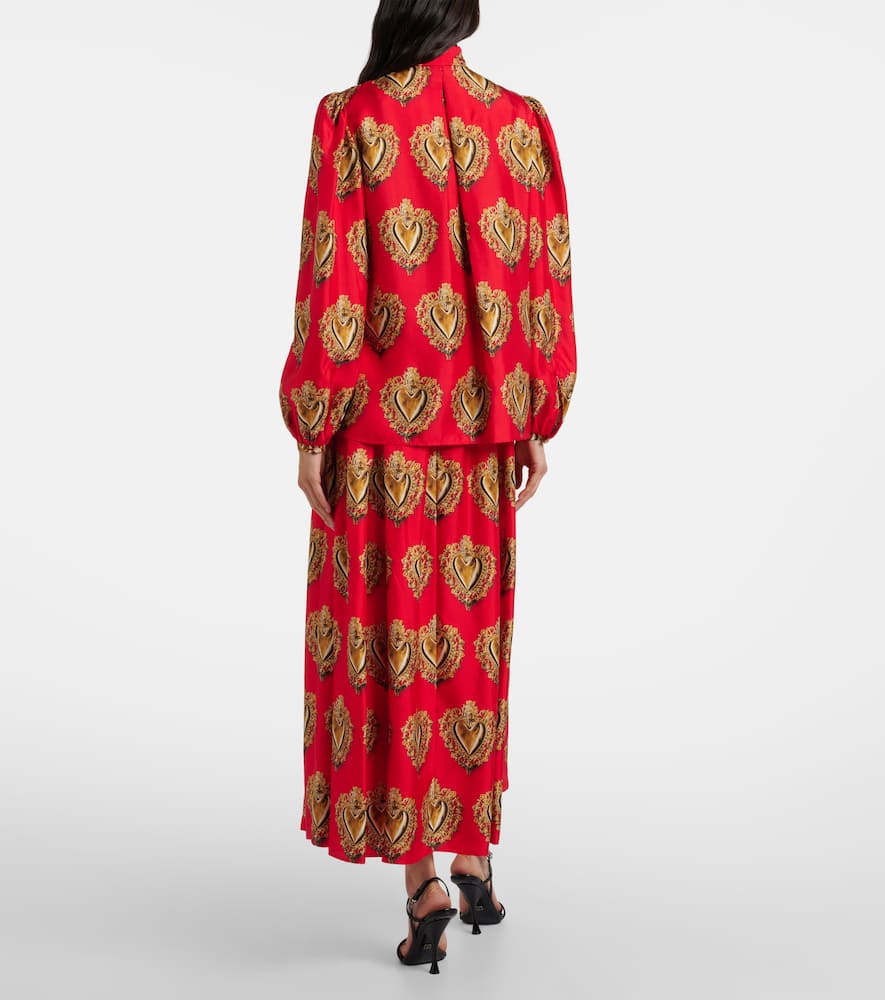 Printed tie-neck silk blouse