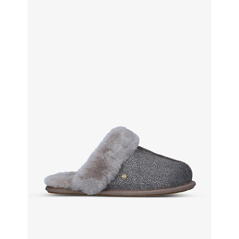 Womens Grey Caviar Scuffette II Textured Metallic Sheepskin Slippers