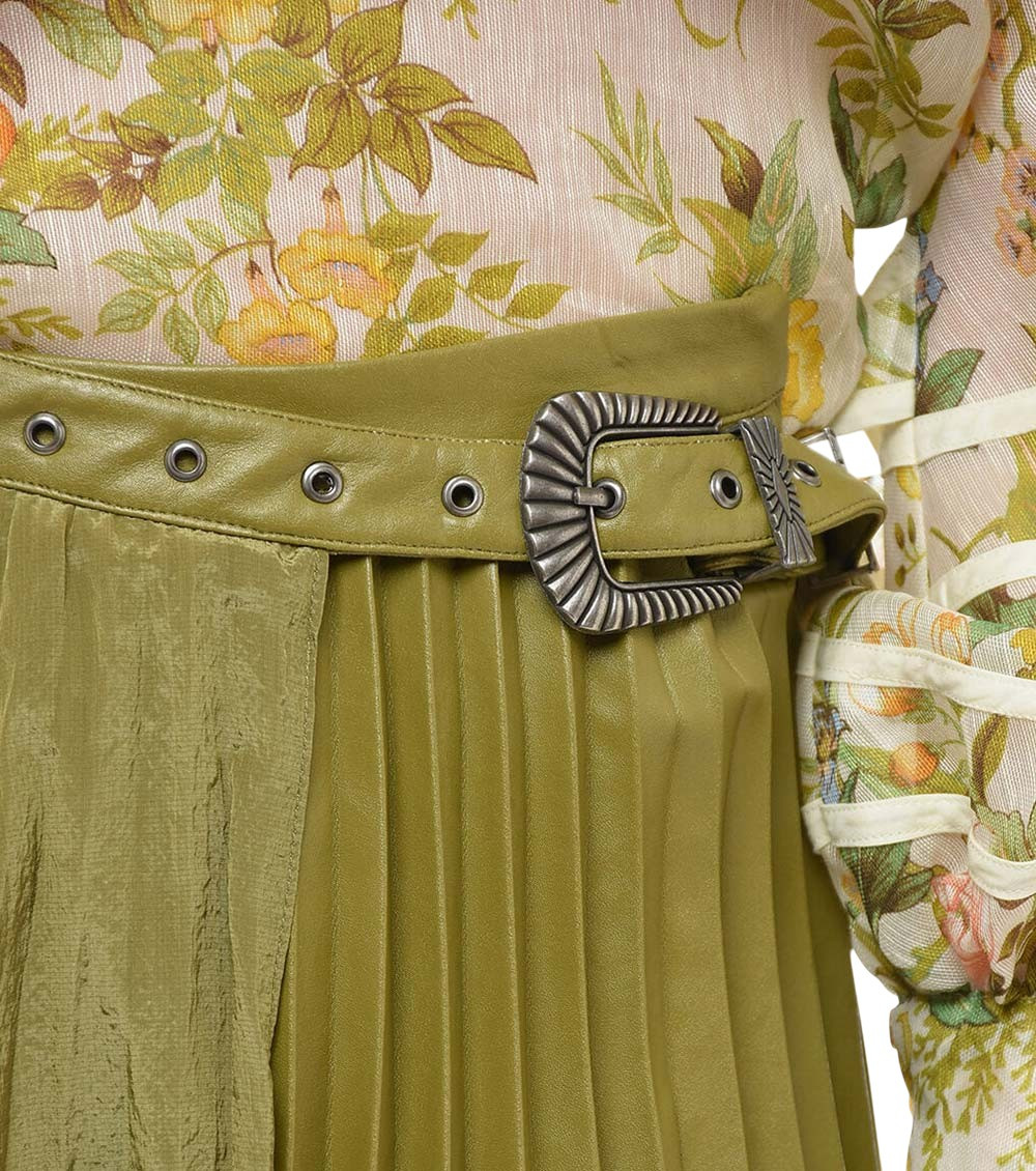 Green Pleated Midi Skirt
