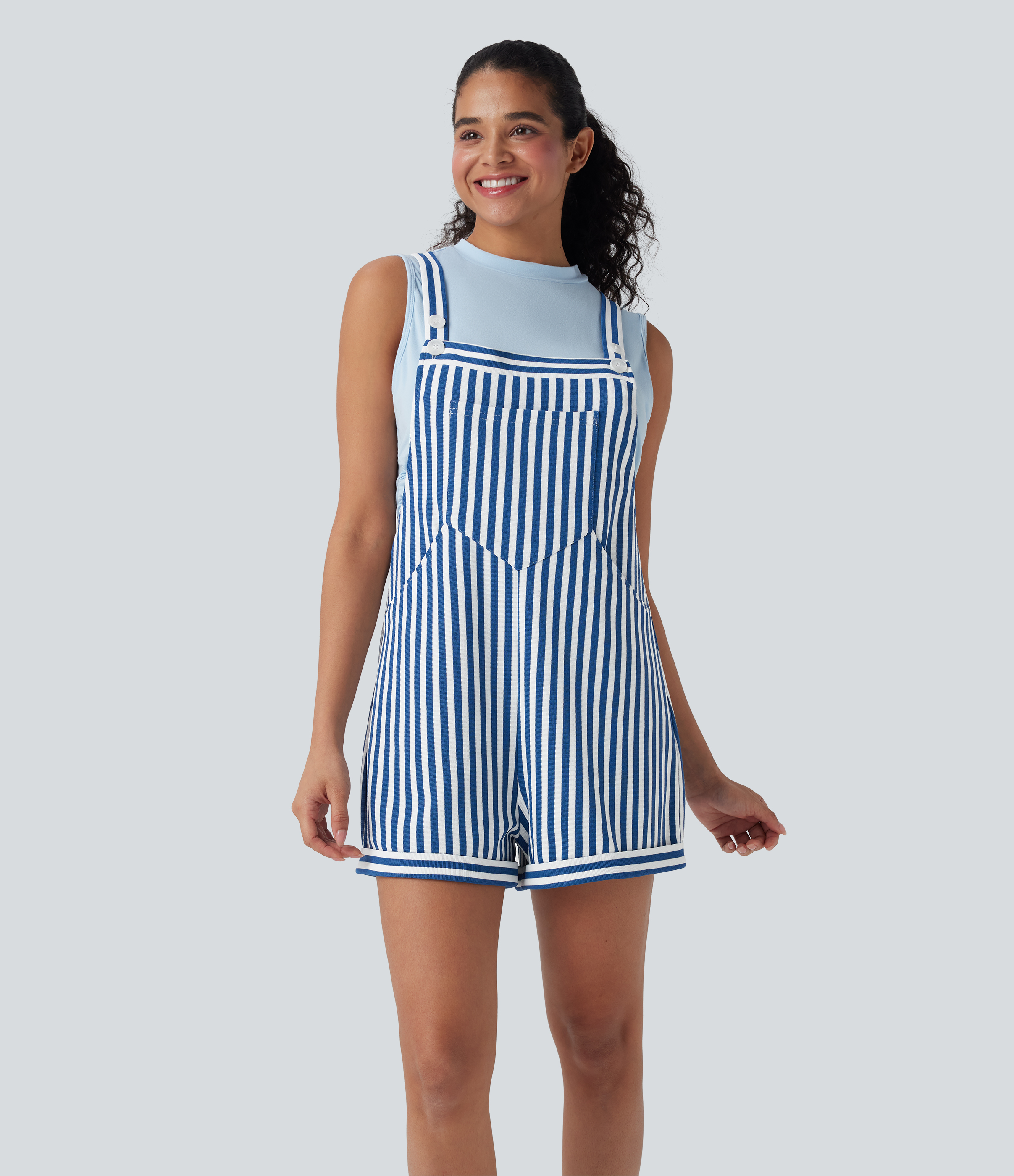 Pockets Stripe Waffle Overalls  - Cerulean Stripes