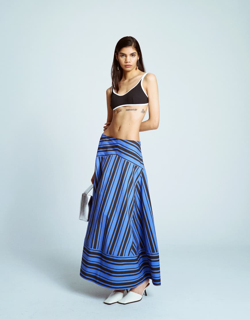 Drop waist spliced maxi skirt in blue stripe-Multi