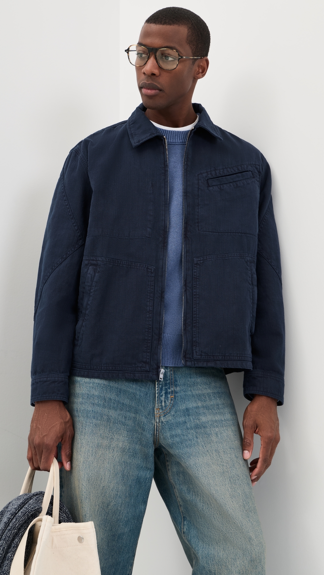 Elijah Zip Jacket In Linen Twill Dark Navy